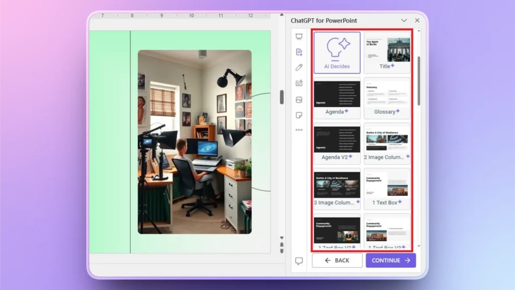 Screenshot of a PowerPoint interface showing a person at a desk with dual monitors and a camera setup, alongside a ChatGPT for PowerPoint pane with slide template options.