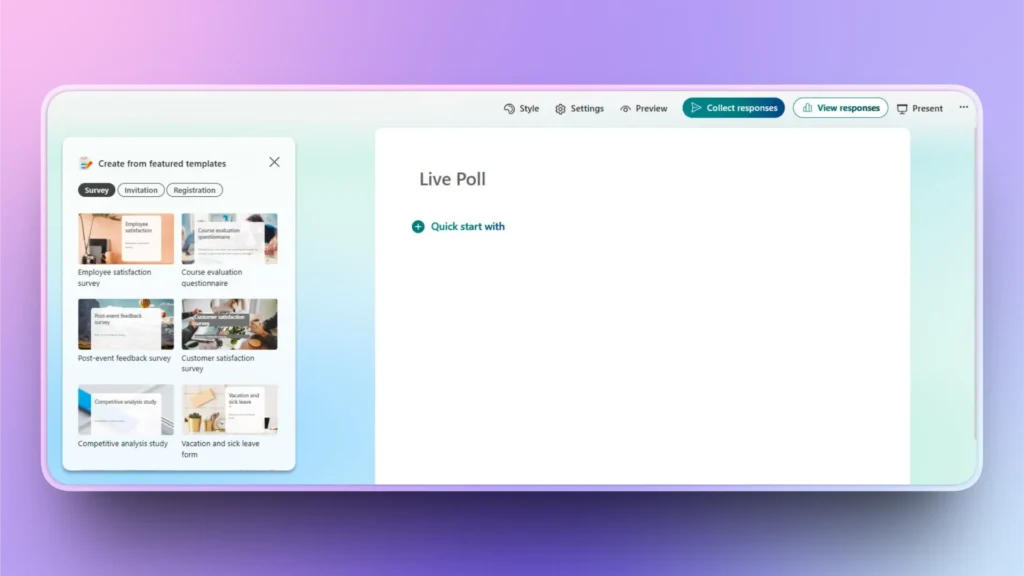 Screenshot of a digital survey creation interface with templates and live poll options.
