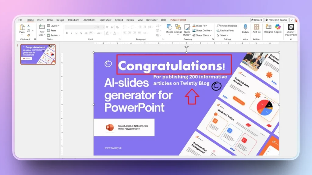 PowerPoint slide with purple background, congratulatory text, and AI slide generator visuals.
