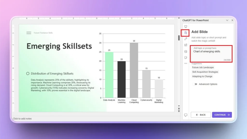 PowerPoint slide titled "Emerging Skillsets" with bar chart and ChatGPT for PowerPoint add-in panel.