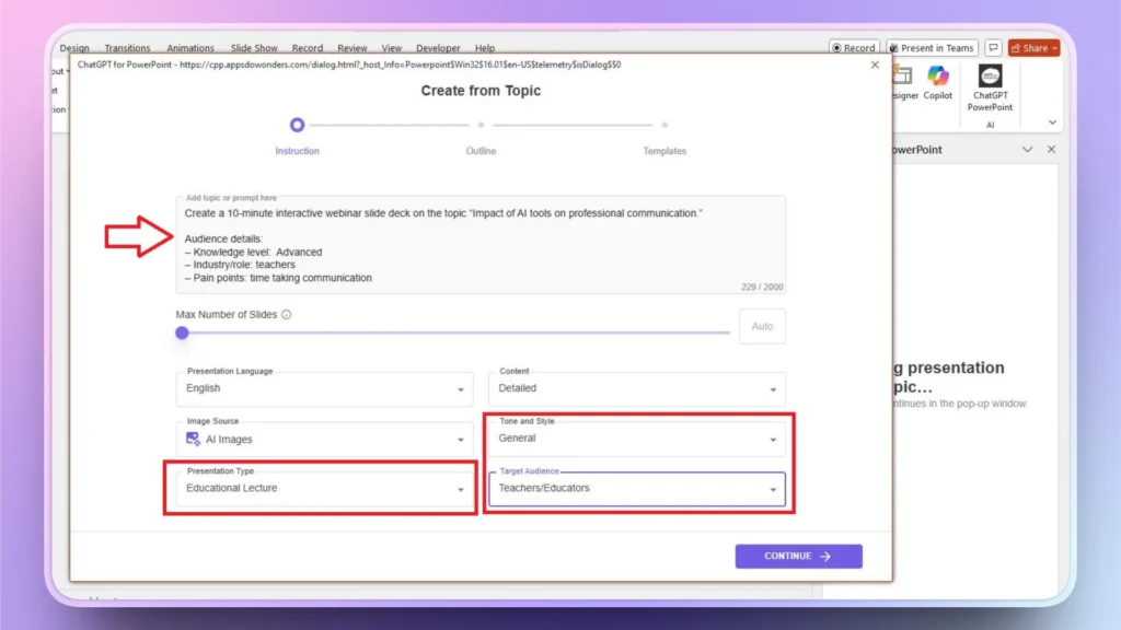 Screenshot of ChatGPT for PowerPoint interface showing webinar slide deck creation settings, including topic, audience details, presentation type, tone, and target audience.