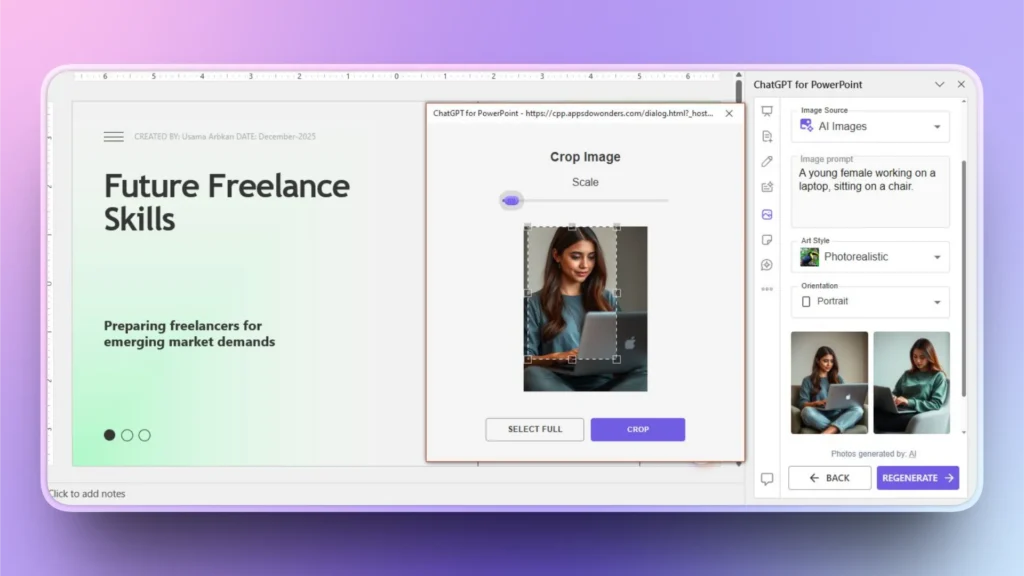 Screenshot of a PowerPoint slide titled "Future Freelance Skills" and an AI image cropping interface.