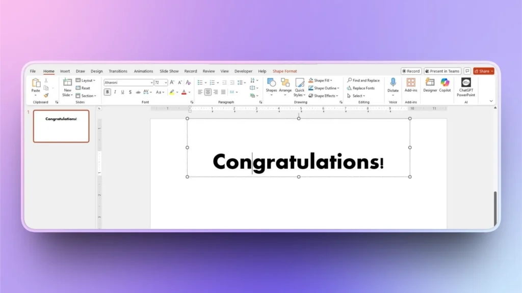 Screenshot of a presentation slide in editing mode with the word "Congratulations!" in bold black font.