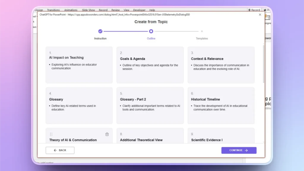 Screenshot of a presentation outline interface with AI and education topics listed.