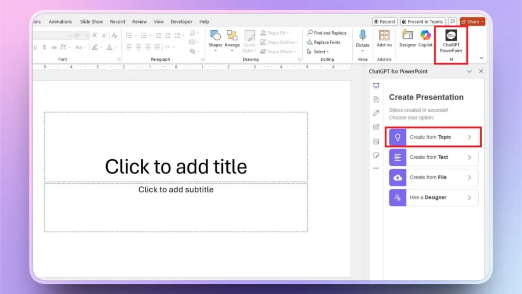 Screenshot of Microsoft PowerPoint with ChatGPT PowerPoint AI add-in panel open, showing options to create presentation from topic, text, file, or hire a designer.