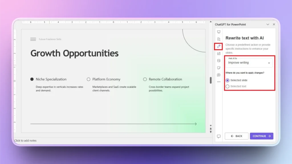 PowerPoint slide titled "Growth Opportunities" with three options and ChatGPT for PowerPoint AI rewrite text panel.