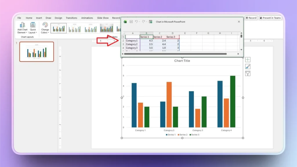 Screenshot of a PowerPoint slide with a bar chart and embedded Excel data table, featuring blue, orange, and green bars.