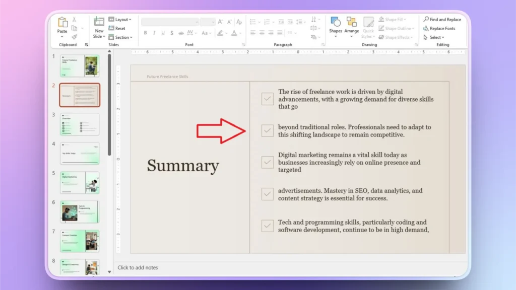 Screenshot of a PowerPoint slide titled "Summary" with bullet points on future freelance skills.