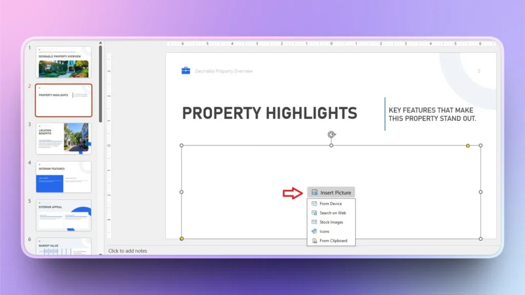 Screenshot of a presentation slide titled "Property Highlights" with an insert picture menu open.