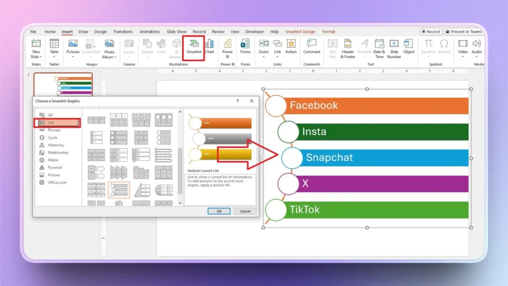 Screenshot of Microsoft PowerPoint with SmartArt Design menu open, displaying a colorful vertical list of social media names.