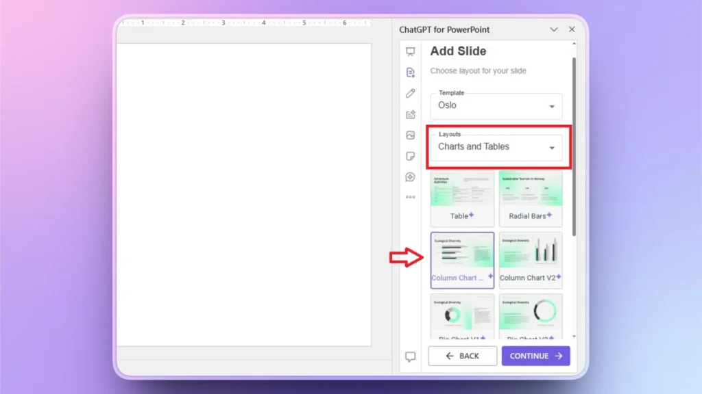 Screenshot of ChatGPT for PowerPoint interface showing slide layout options under "Charts and Tables" with a highlighted column chart.