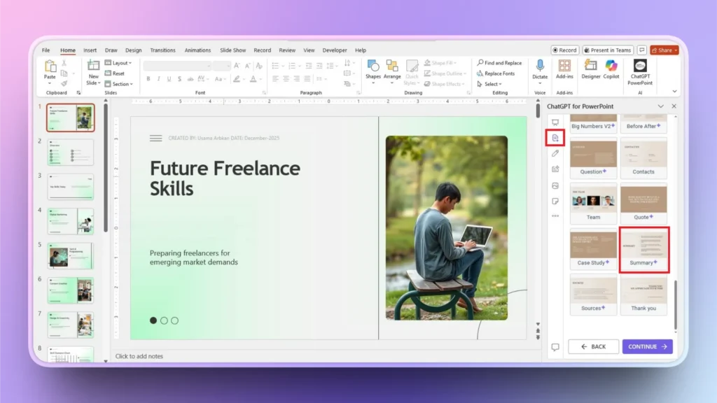 Screenshot of a PowerPoint presentation titled "Future Freelance Skills" with an image of a man using a laptop outdoors.