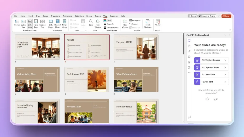 PowerPoint slide sorter view displaying a presentation on Relationship and Sex Education with brown and beige slides.