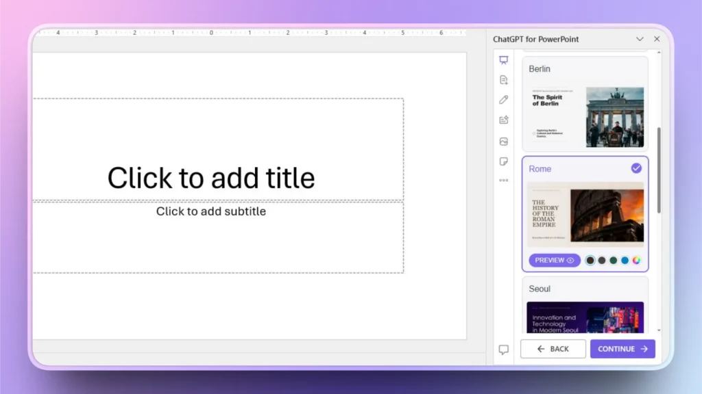 Screenshot of PowerPoint slide editor with ChatGPT for PowerPoint sidebar displaying city-themed slide templates.