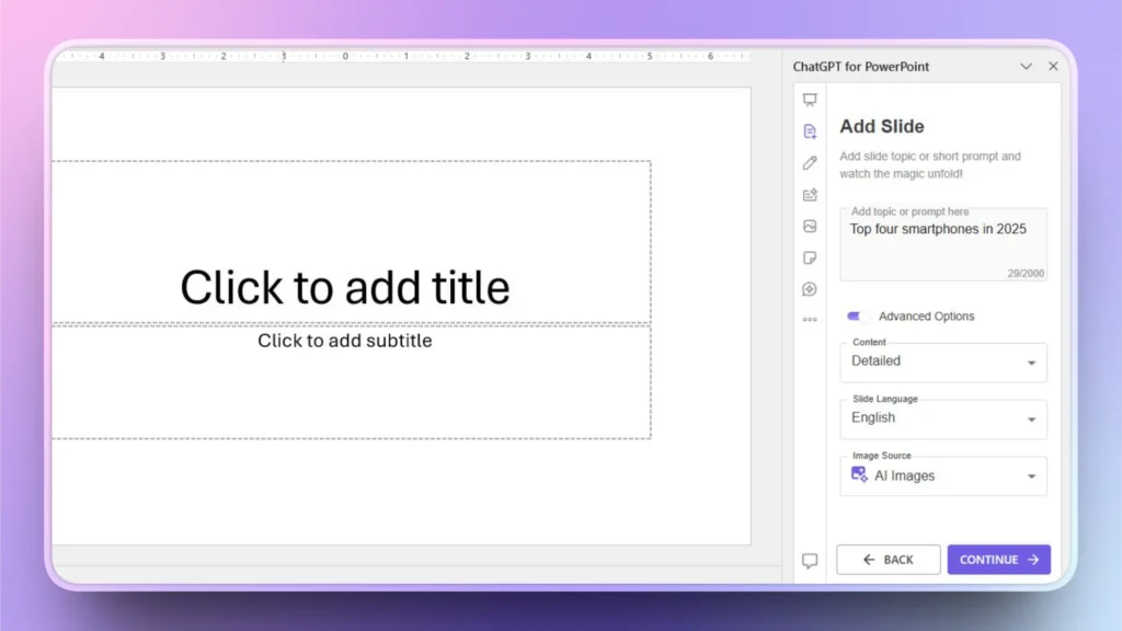 Screenshot of PowerPoint slide editor with ChatGPT for PowerPoint sidebar showing slide prompt and options.