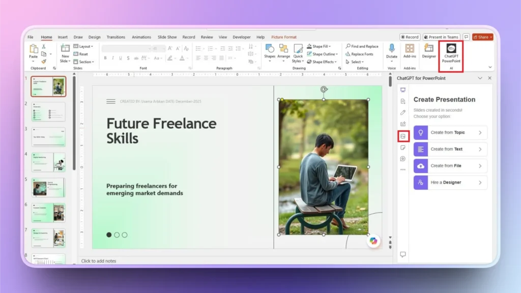 PowerPoint slide titled "Future Freelance Skills" with a photo of a man using a laptop outdoors, and ChatGPT for PowerPoint sidebar options.
