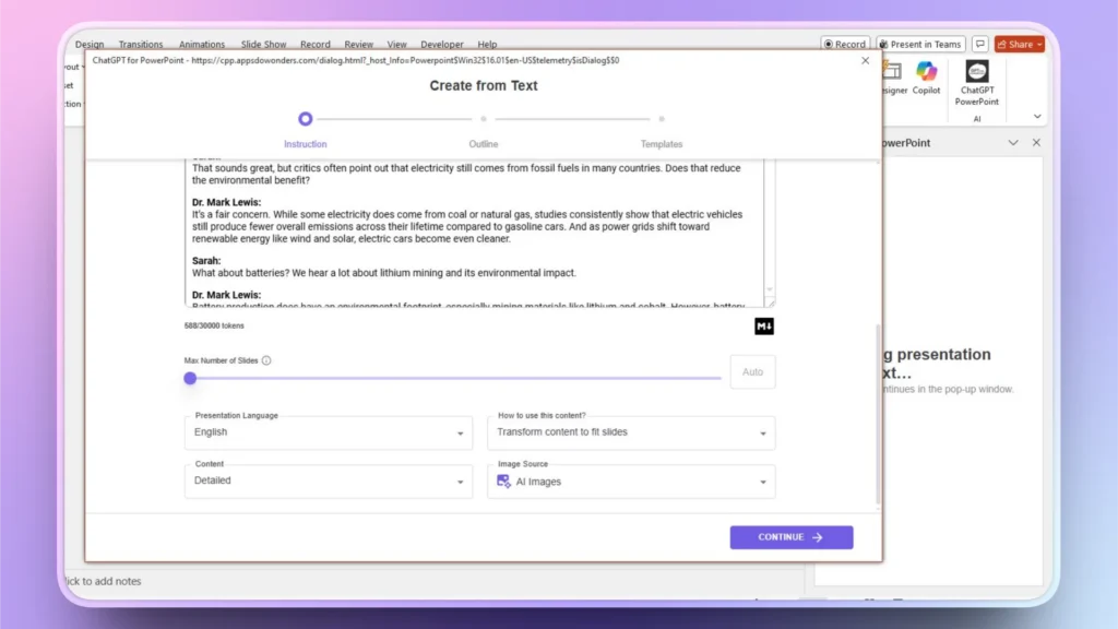 Screenshot of ChatGPT for PowerPoint interface showing text input for slide creation and customization options.