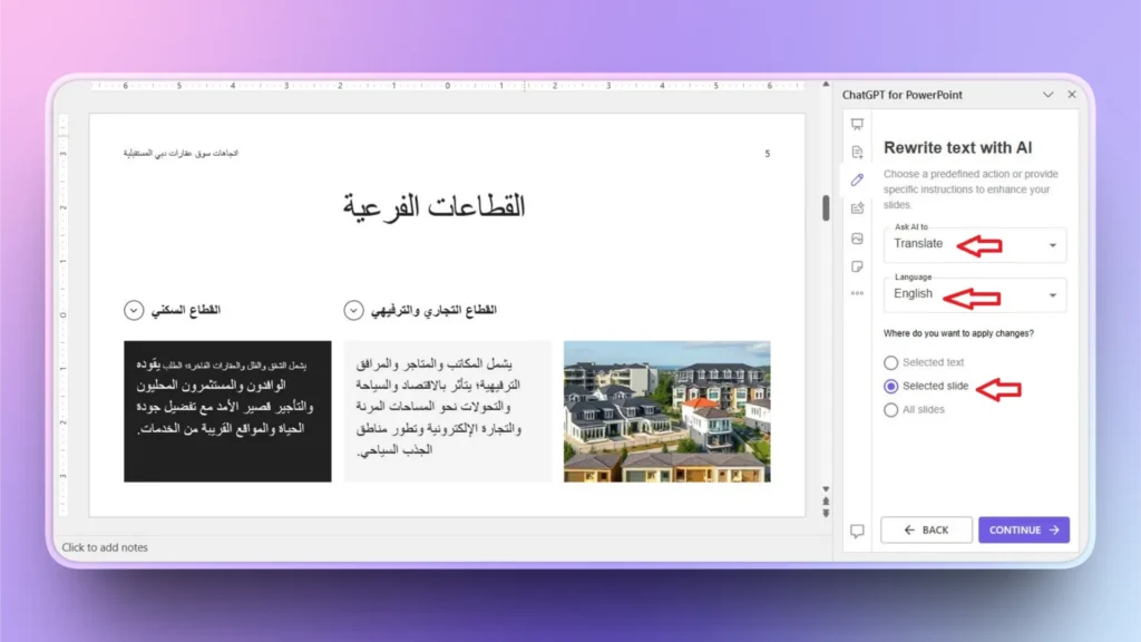 Screenshot of a PowerPoint slide in Arabic on real estate sectors with ChatGPT for PowerPoint translation pane.