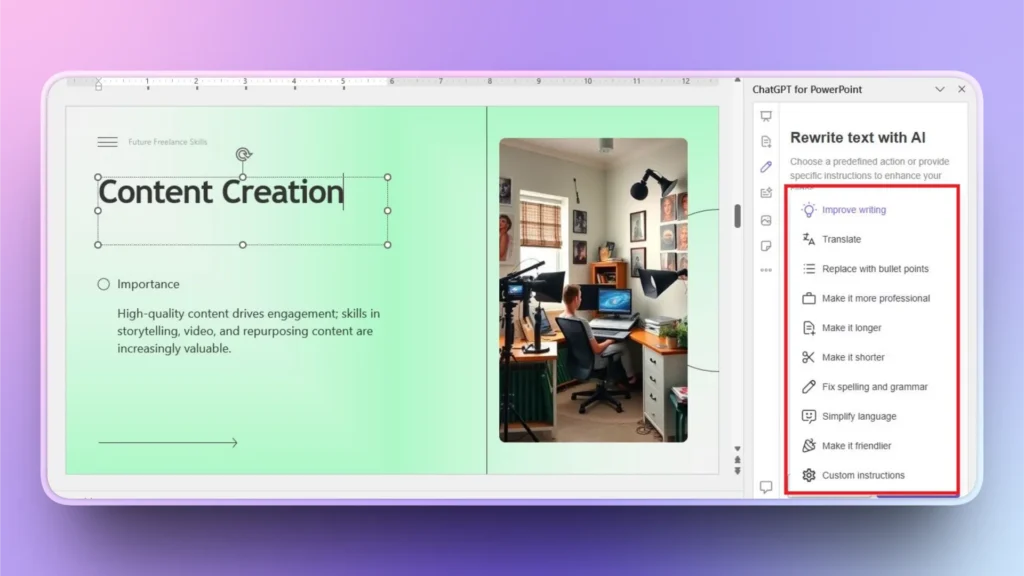Screenshot of a PowerPoint slide on content creation with ChatGPT sidebar showing text rewriting options.