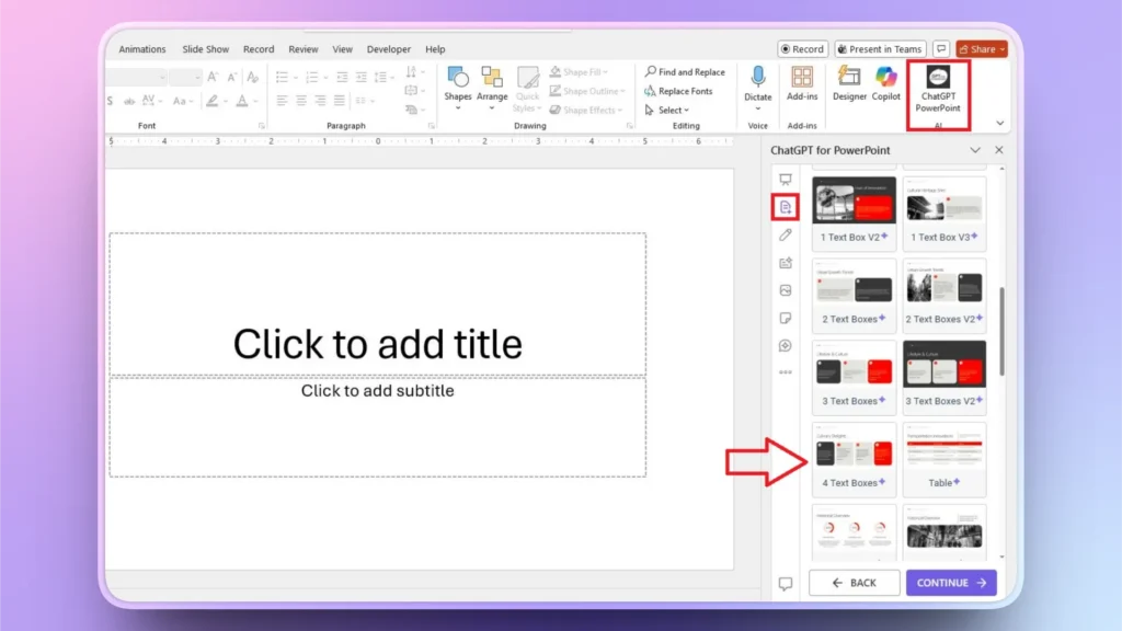 PowerPoint interface showing ChatGPT add-in with slide template options and title placeholder.