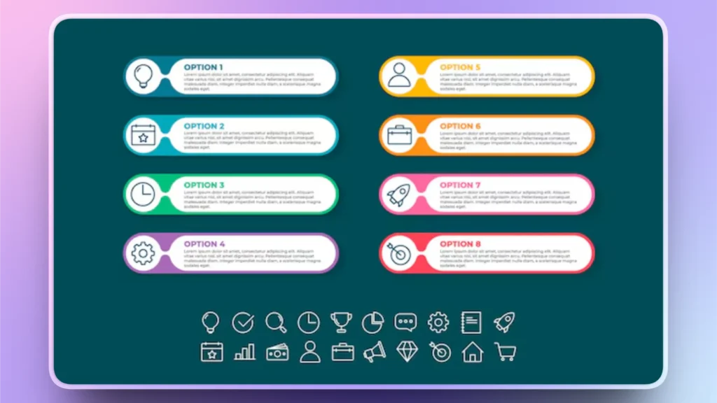Infographic with eight colorful option panels and various business-related icons on dark teal background.