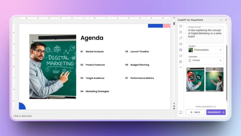 PowerPoint slide titled "Agenda" with a man explaining digital marketing on a green chalkboard.