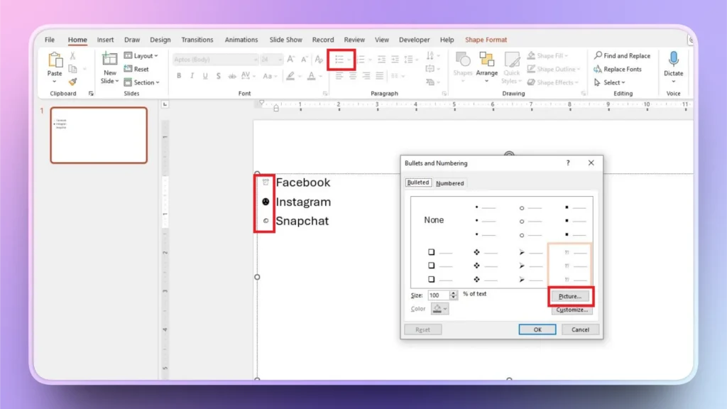 Screenshot of a presentation slide with customized bullet points for Facebook, Instagram, and Snapchat.