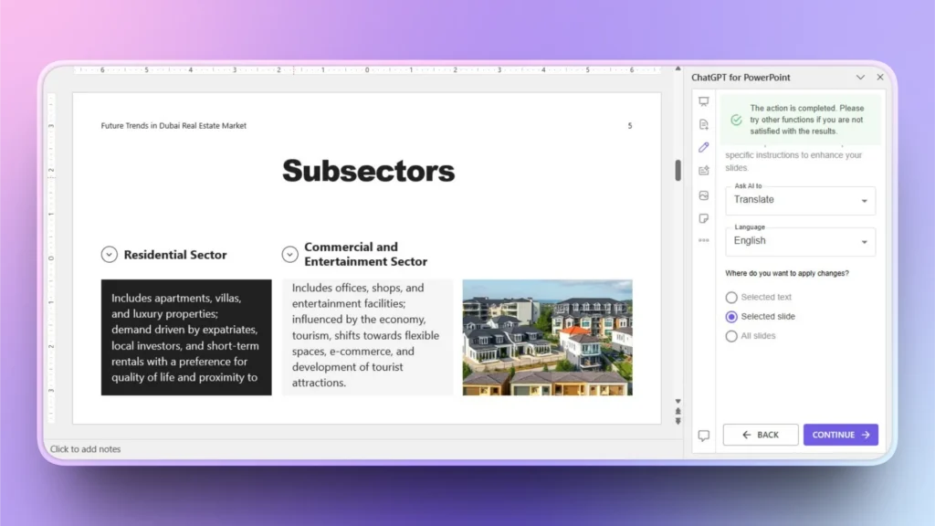 Screenshot of a PowerPoint slide titled "Subsectors" discussing residential and commercial real estate sectors, with a small image of residential buildings.