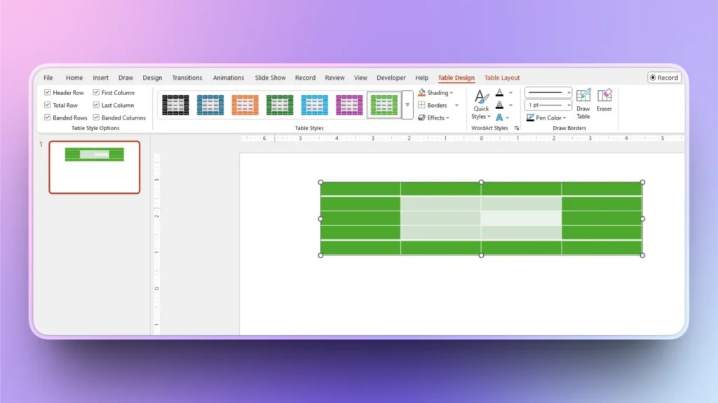 Screenshot of a presentation software interface displaying a green and light green styled table with table design toolbar visible.