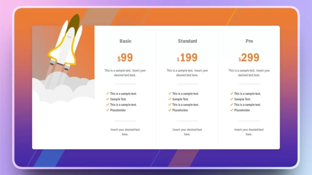 Pricing table with Basic, Standard, and Pro plans, rocket launch graphic, orange and purple gradient background.