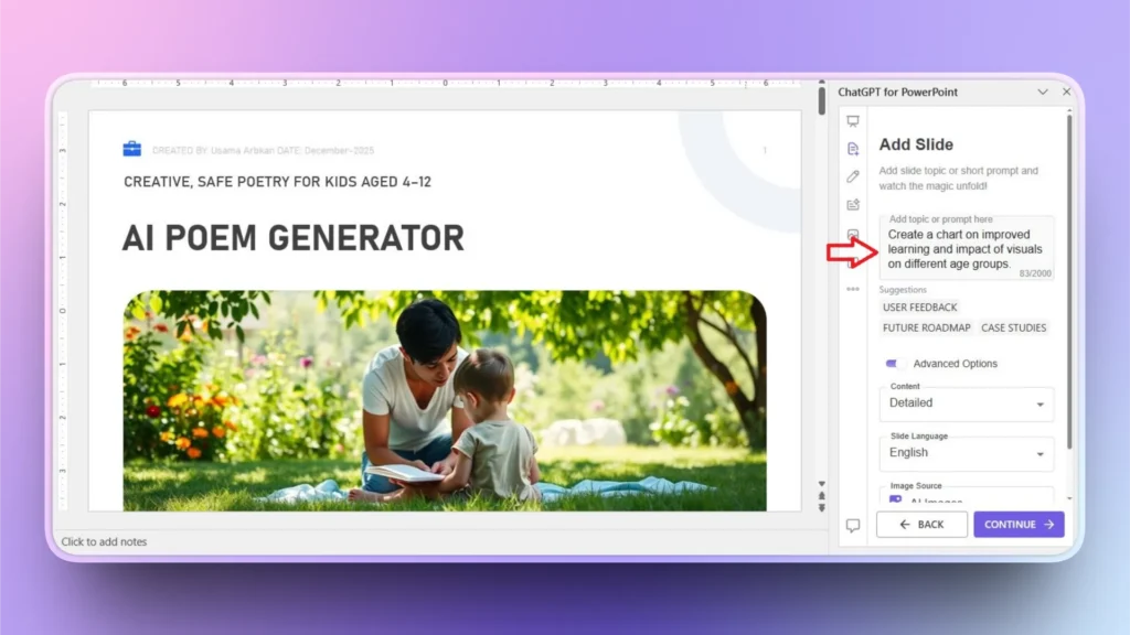 PowerPoint slide titled "AI Poem Generator" with image of adult and child reading outdoors, and ChatGPT sidebar prompt.