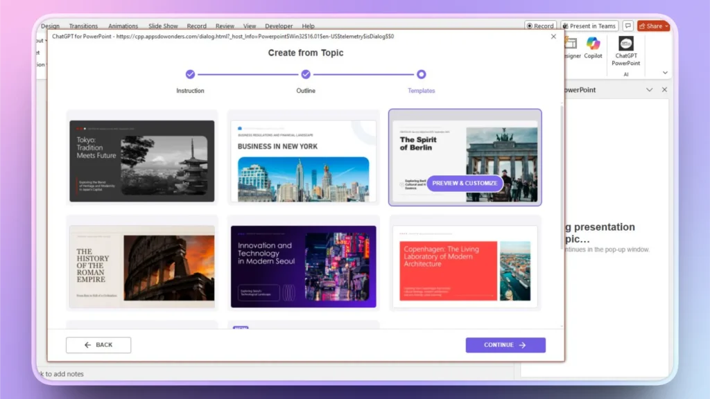 Screenshot of a PowerPoint AI template selection window with six city-themed presentation templates.