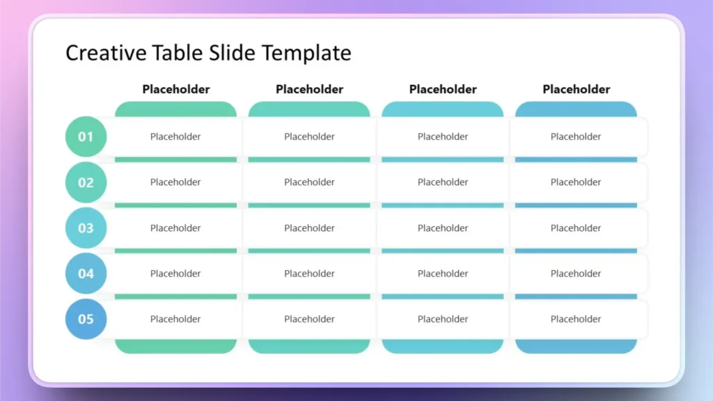 Creative table slide template with numbered rows and colored headers labeled "Placeholder.