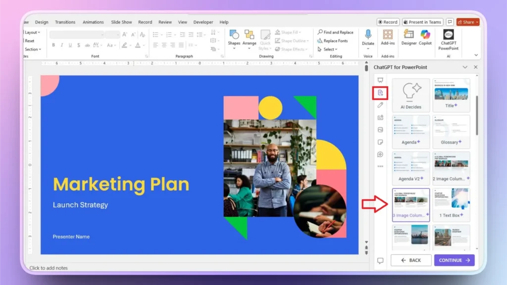 Screenshot of a PowerPoint slide titled "Marketing Plan Launch Strategy" with ChatGPT for PowerPoint add-in panel open.