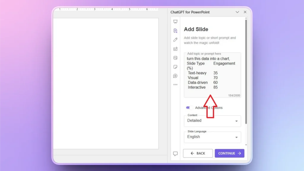 Screenshot of ChatGPT for PowerPoint interface with slide creation prompt and engagement data.