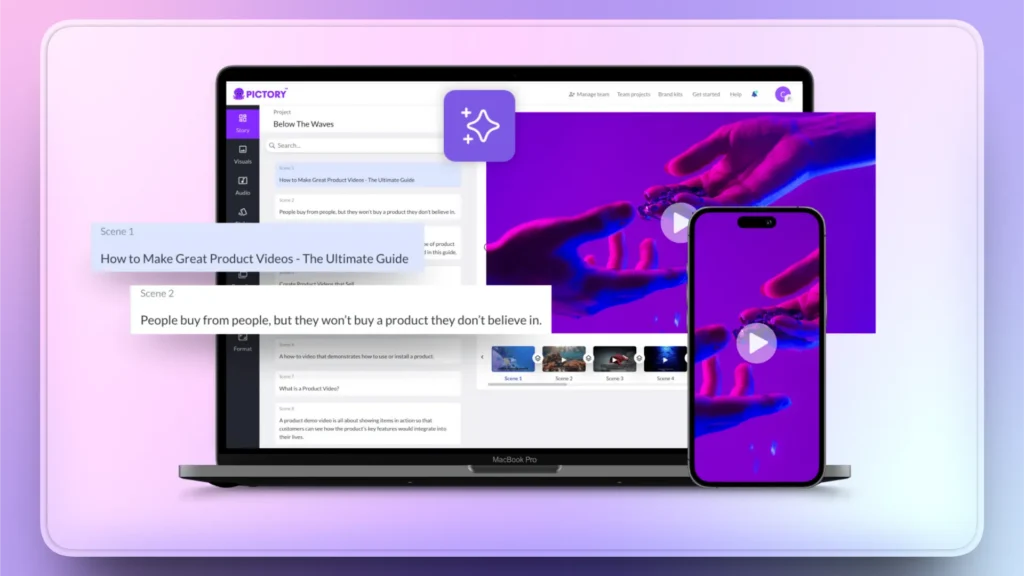 Laptop and smartphone displaying video editing software with purple-themed video content.