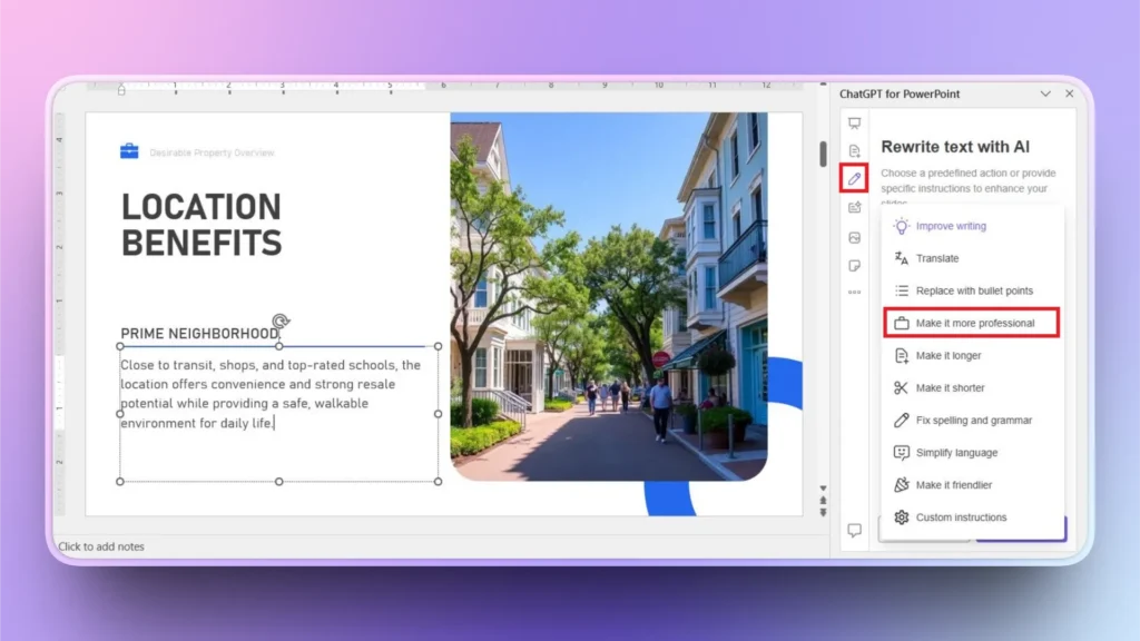 PowerPoint slide titled "Location Benefits" with a neighborhood street photo and ChatGPT for PowerPoint sidebar.