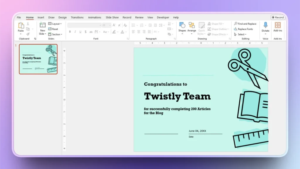 Screenshot of a PowerPoint slide displaying a certificate with a turquoise background, black text, and icons of scissors, a book, and a ruler.