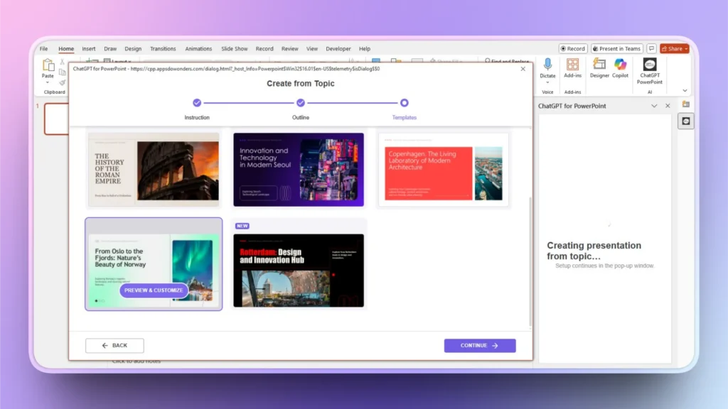 Screenshot of PowerPoint interface displaying ChatGPT for PowerPoint add-in with presentation template options.