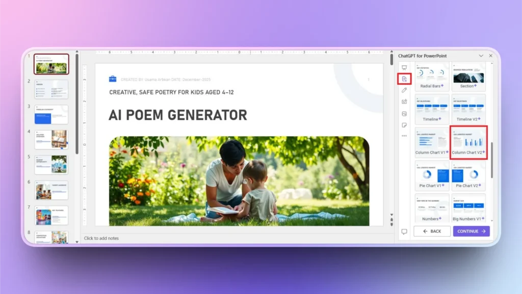 Screenshot of a PowerPoint slide titled "AI Poem Generator" showing a woman and child reading outdoors.