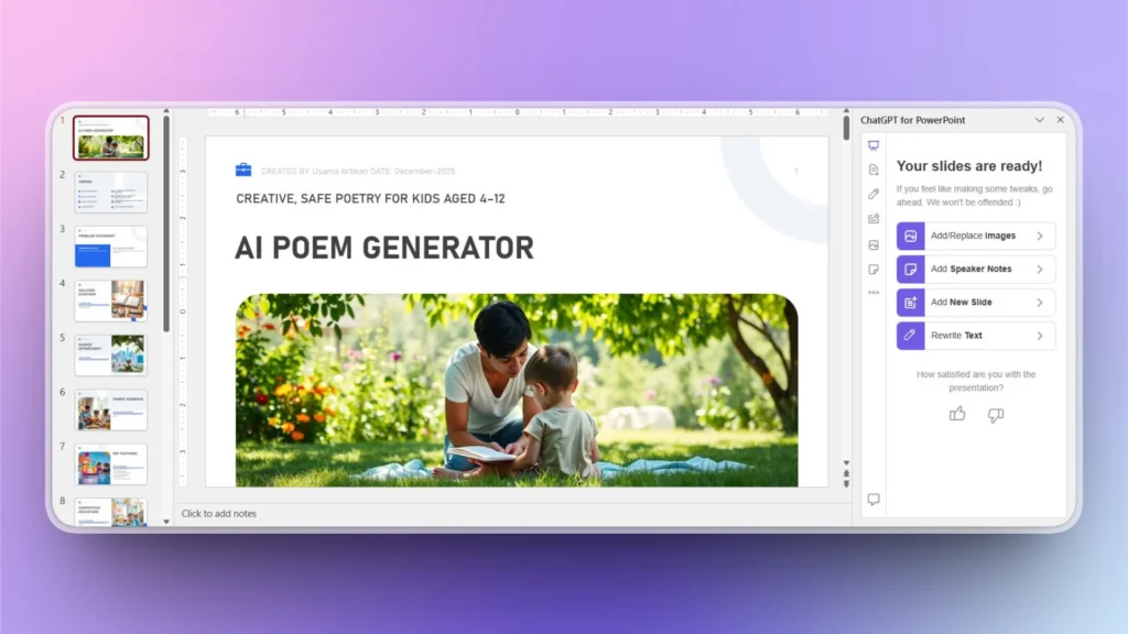 Screenshot of a PowerPoint slide titled "AI Poem Generator" featuring a woman and child reading outdoors.