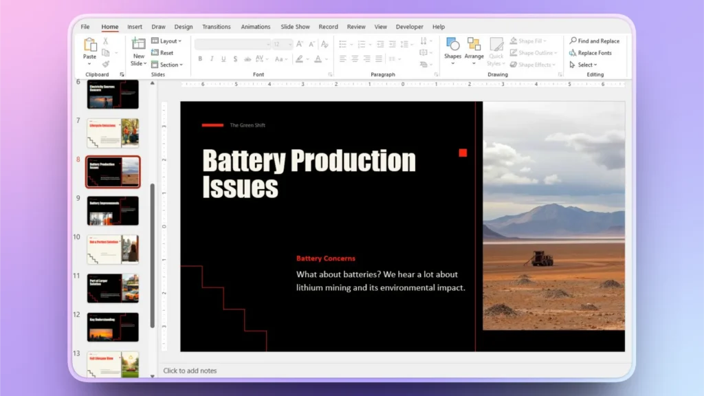 Screenshot of a PowerPoint slide titled "Battery Production Issues" with a desert mining landscape photo.