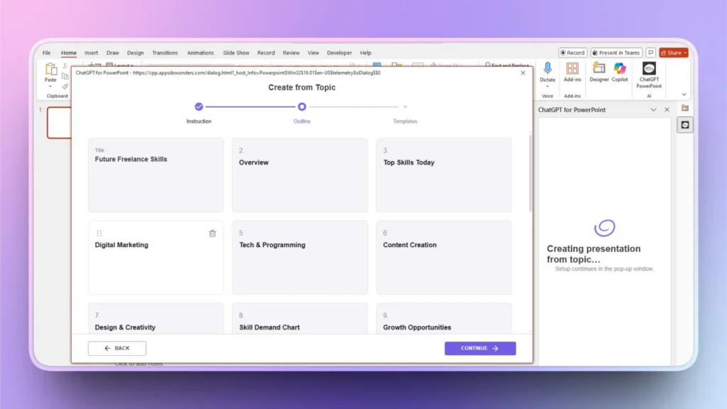 Screenshot of ChatGPT for PowerPoint interface displaying a presentation outline titled "Future Freelance Skills" with sections like Overview, Top Skills Today, Digital Marketing, Tech & Programming, and Content Creation.