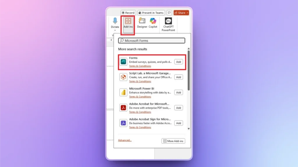 Screenshot of a Microsoft PowerPoint Add-ins menu with Microsoft Forms highlighted for embedding surveys.