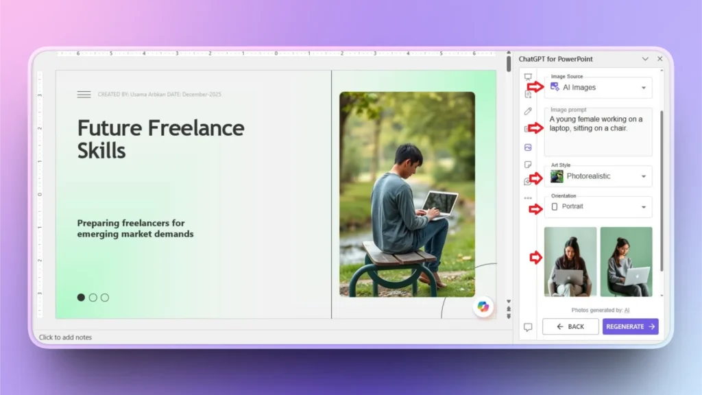 Screenshot of a PowerPoint slide titled "Future Freelance Skills" with a man using a laptop outdoors.