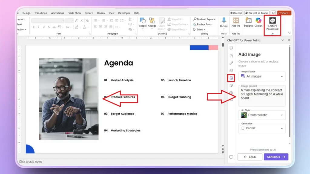PowerPoint slide with agenda topics and ChatGPT for PowerPoint AI sidebar open.