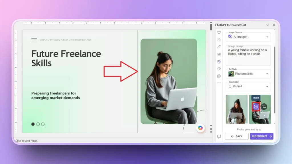 Screenshot of a PowerPoint slide titled "Future Freelance Skills" with an image of a young woman using a laptop.