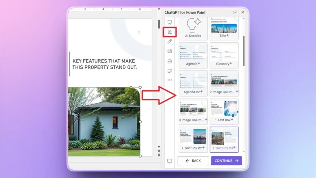 Screenshot of PowerPoint interface showing ChatGPT sidebar with slide templates and a slide about property features.