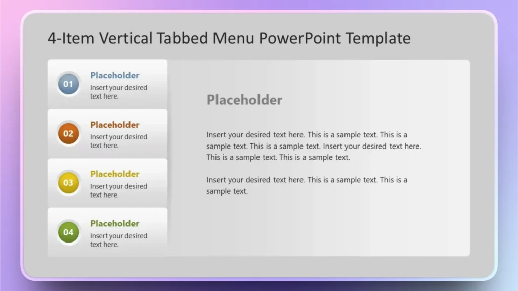 PowerPoint slide with a 4-item vertical tabbed menu, numbered and color-coded.