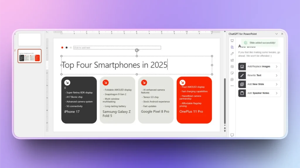 PowerPoint slide titled "Top Four Smartphones in 2025" with specifications for iPhone 17, Samsung Galaxy Z Fold 5, Google Pixel 8 Pro, and OnePlus 11 Pro.